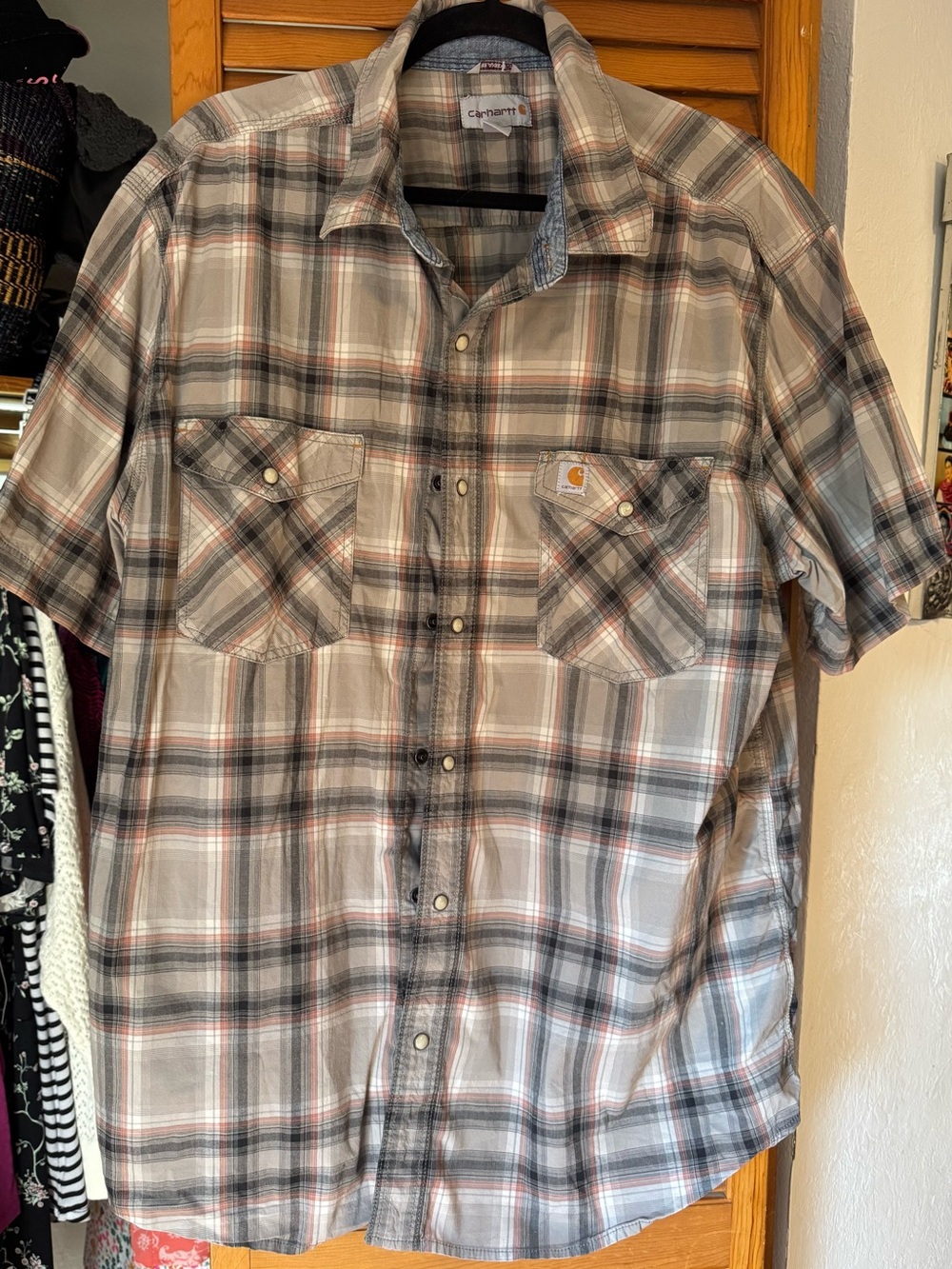 Carhartt Men’s Short-Sleeve Plaid Button-Down Shirt - Gray, Brown, Cream - Picture 3 of 4
